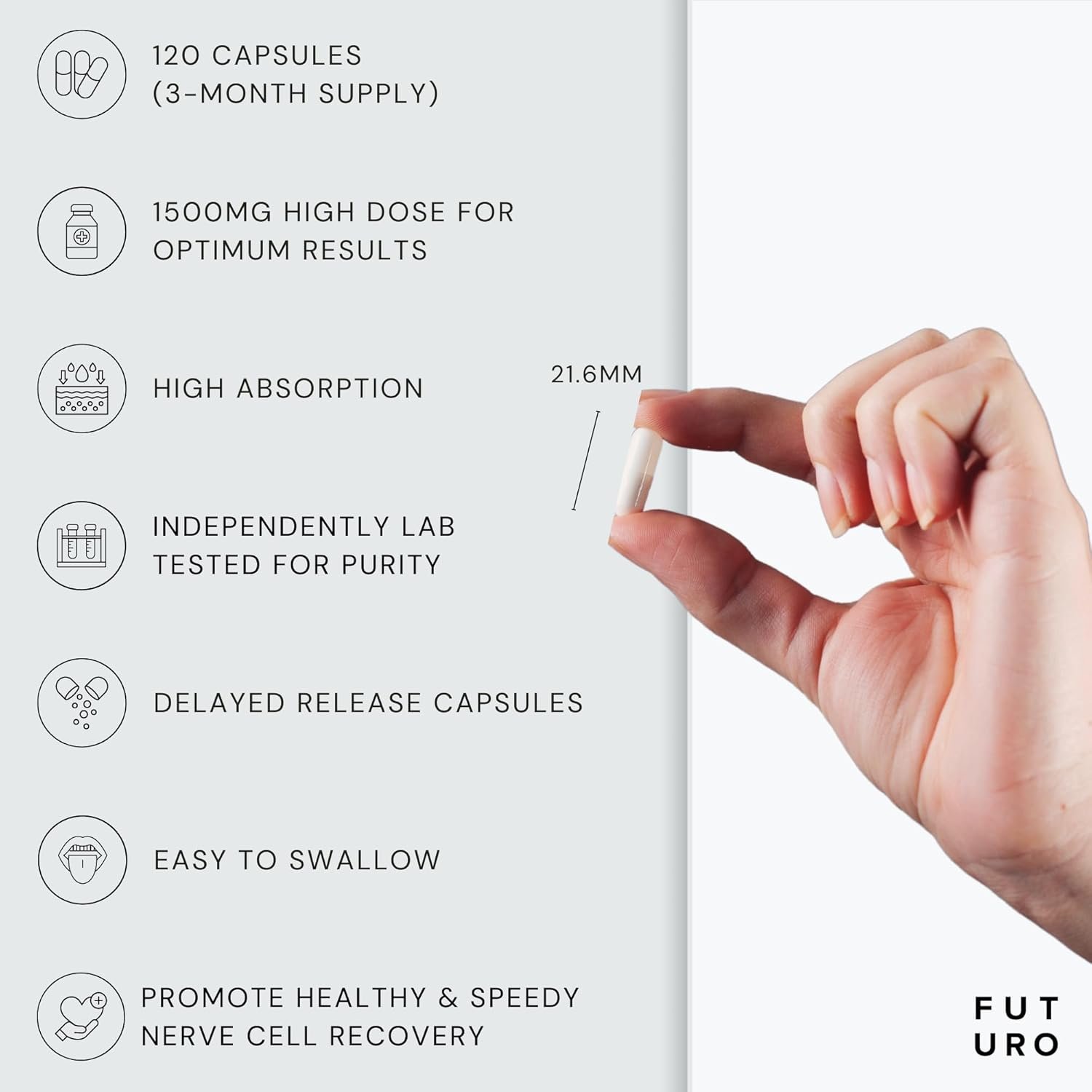 Futuro Labs Lion's Mane features — 1500mg high dose, high absorption, lab tested, delayed release, easy to swallow
