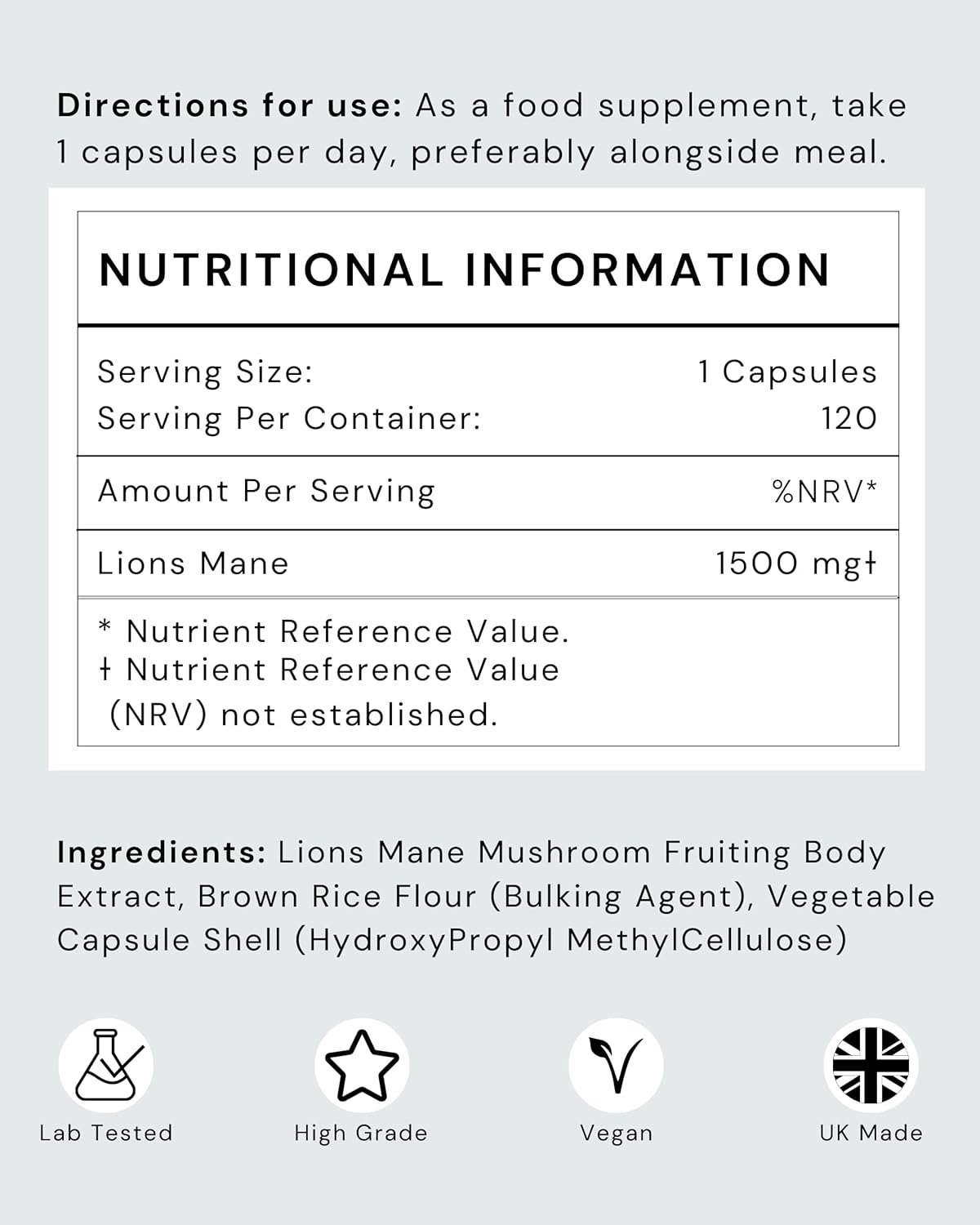 Futuro Labs Lion's Mane nutritional information showing fruiting body extract